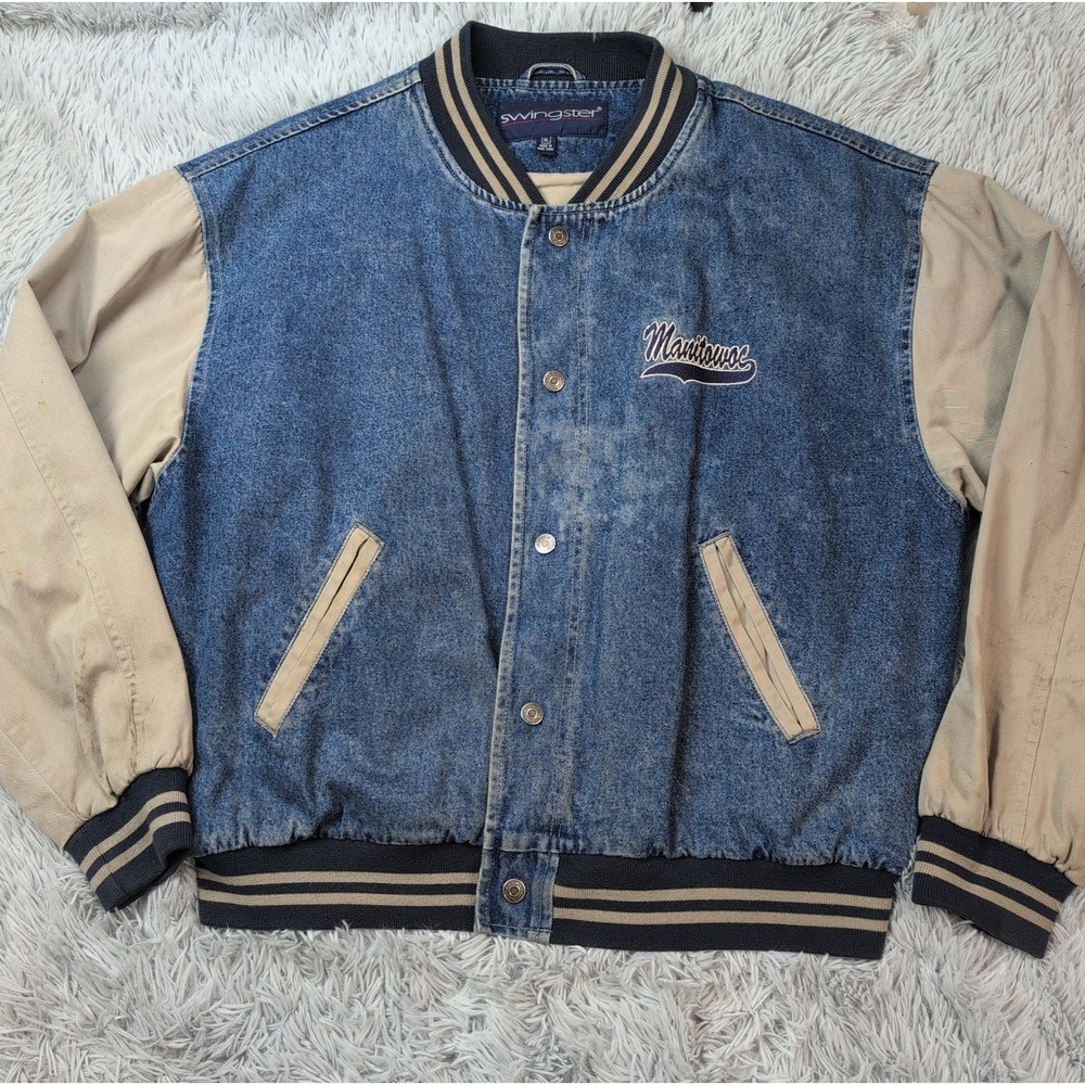 Vintage Swingster Jacket Mens XL Blue  Denim Varsity Coat Pockets Snap Manitowoc